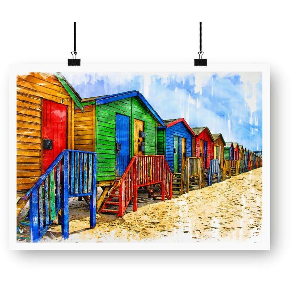 Colourful Beach Cottages Sketch Art Print - Blue / 42cm – image 2
