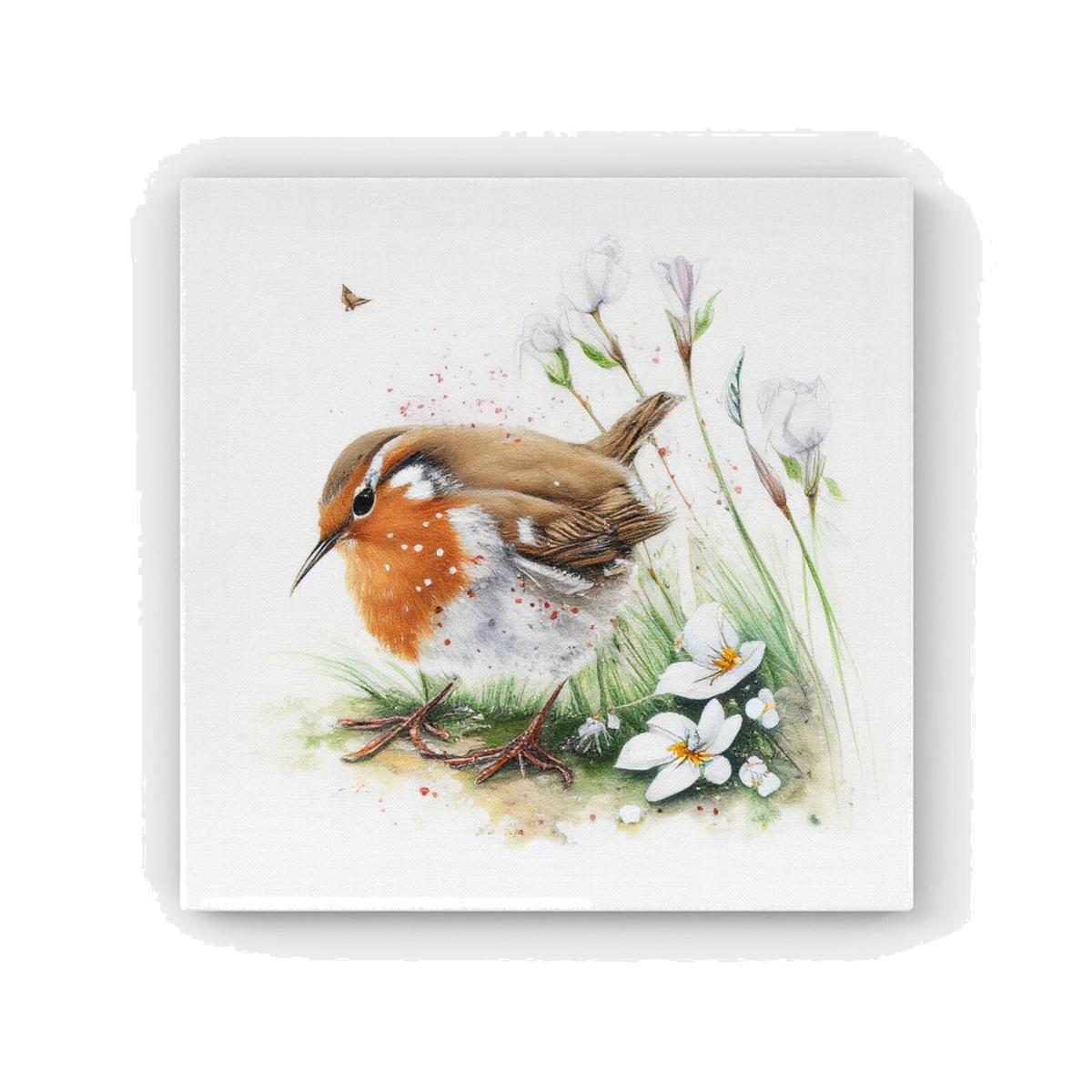 Robin And Daisies Watercolour HD Metal Print - Brown / 30cm