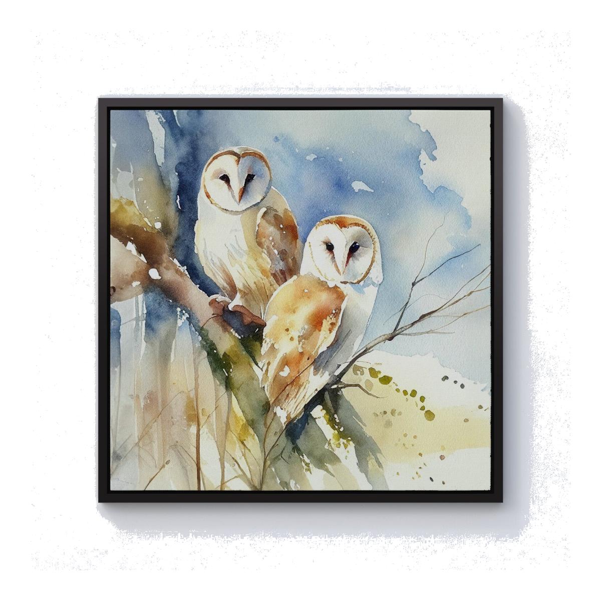 Barn Owls Watercolour Canvas Print - Brown / 76.2cm / Black Frame