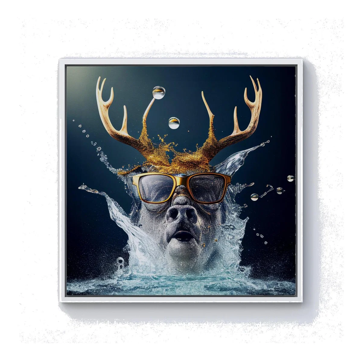 Stag With Glasses Splashart Canvas Print - Grey / 76.2cm / White Frame