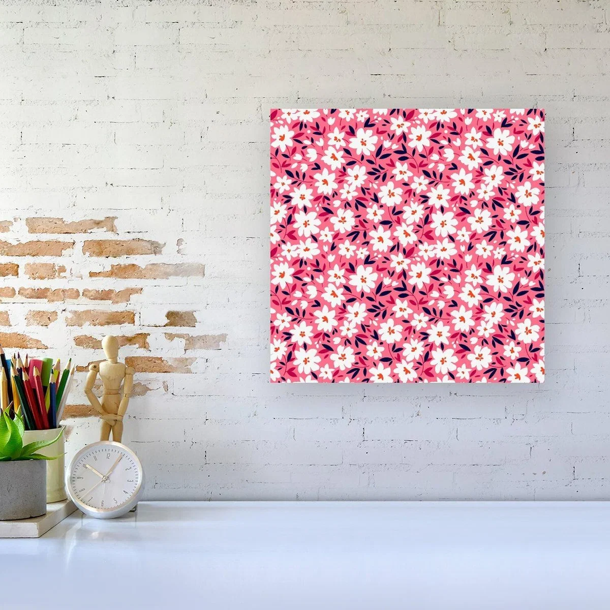 Small Cute White Flower Pattern Canvas Print - Pink / 76.2cm – image 3