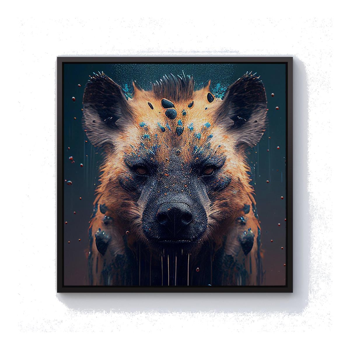Hyena Face Splashart Dark Background Canvas Print - Brown / Black Frame / 76.2cm