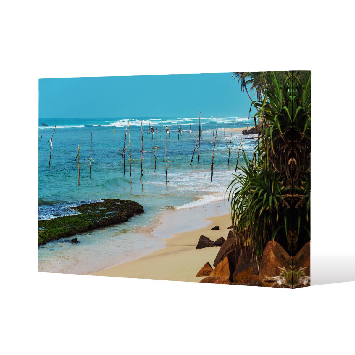Fishermen on the ocean coast of Sri Lanka Canvas Print - Blue / 127cm / 101cm – image 2