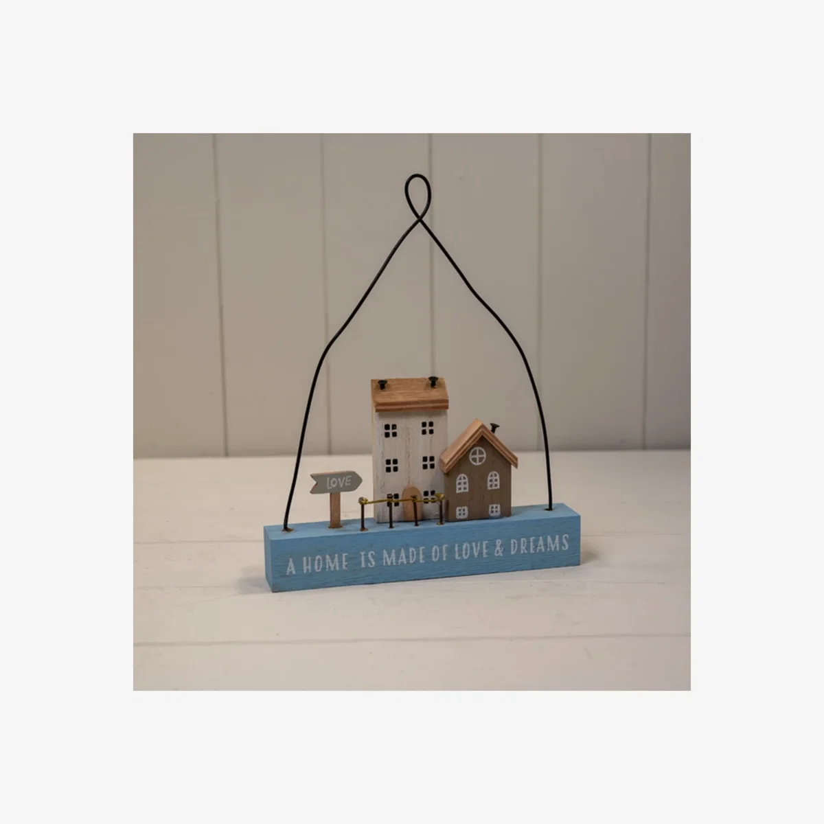 Wooden Hanging Blue Double House 'A Home is Made of Love & Dreams' - Blue