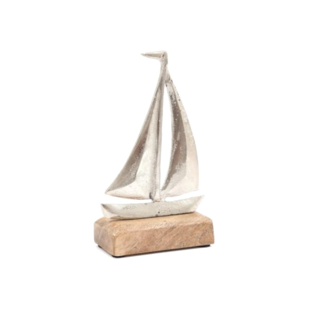 Nautical Metal Boat Ornament Wooden Base - silver