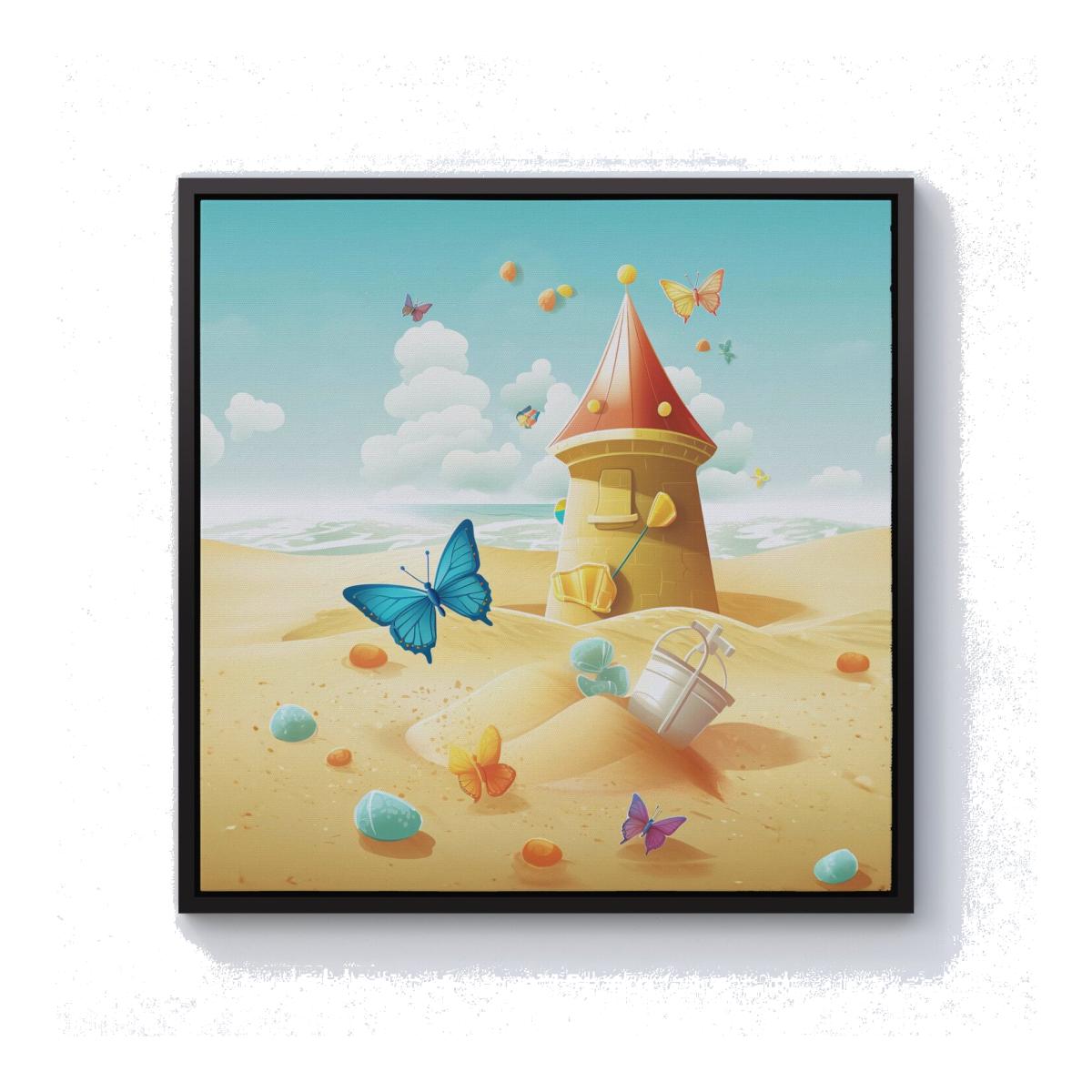 Butterflies On A Beach Holiday Canvas Print - Yellow / Black Frame / 25.4cm