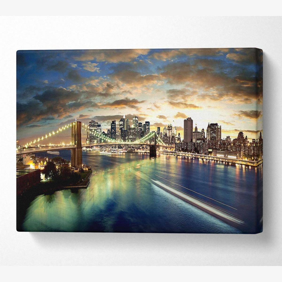 New York City Brooklyn Bridge View Canvas Print Wall Art - Yellow / 66.04cm – image 1