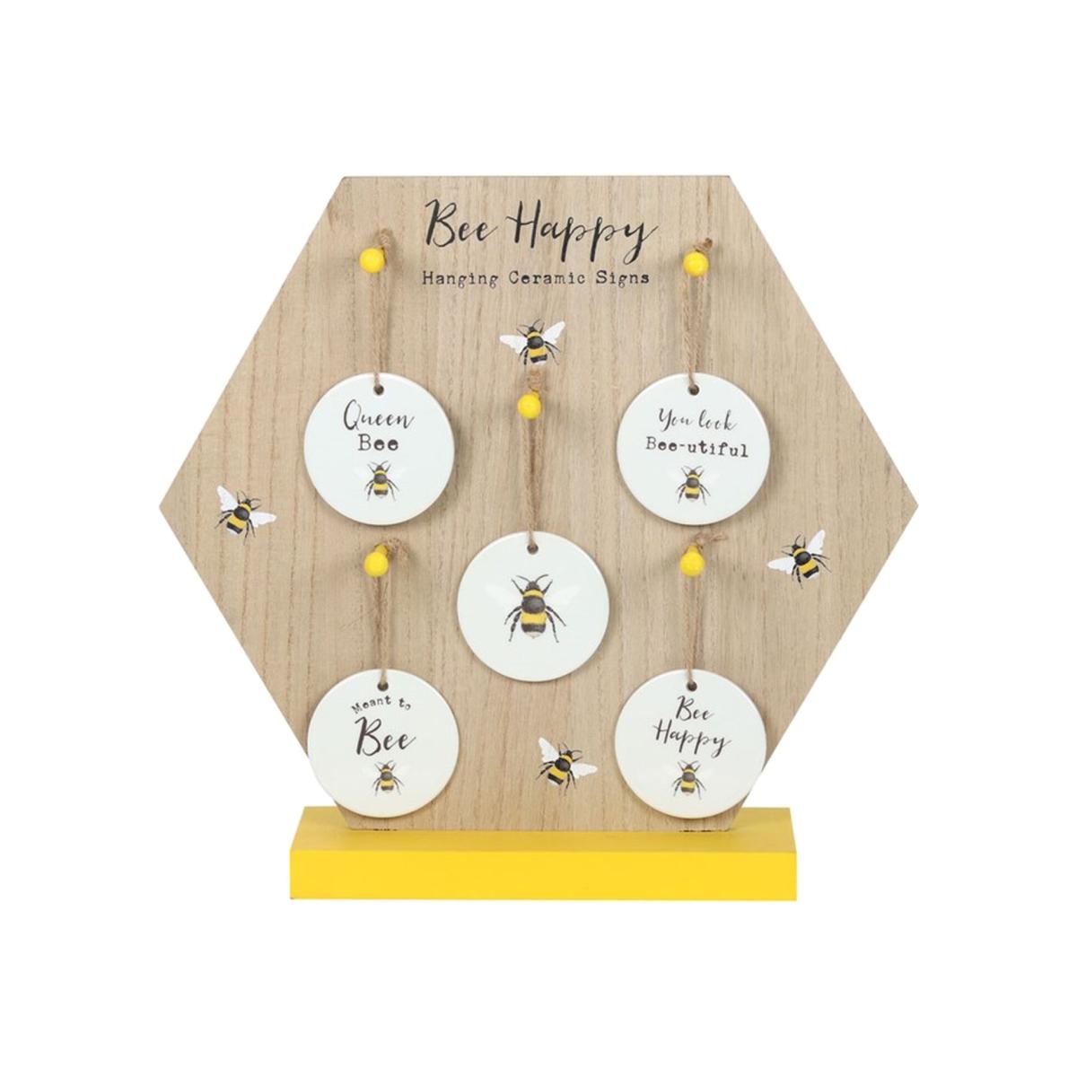 Bee Happy Ceramic Hanging Sign Display - White