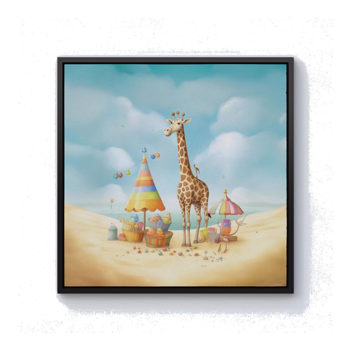 Giraffe On A Beach Holiday Canvas Print - Yellow / 76.2cm / Black Frame