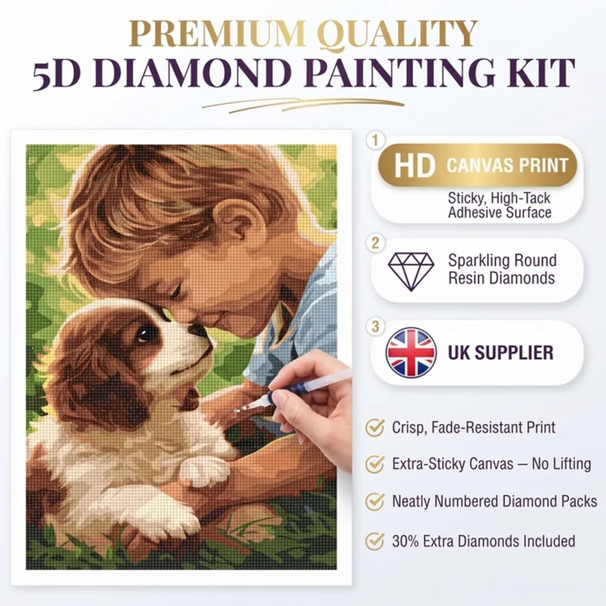 Cute Little Boy and Cavalier Pup 5D DIY Diamond Painting Kit - Multi – image 3