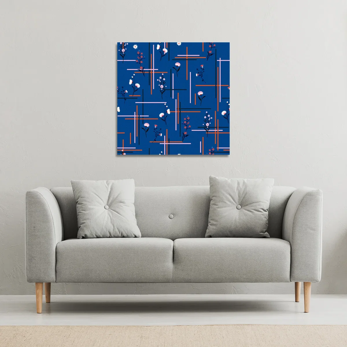 Flowers with check grid for fashion canvas print - Blue – image 2