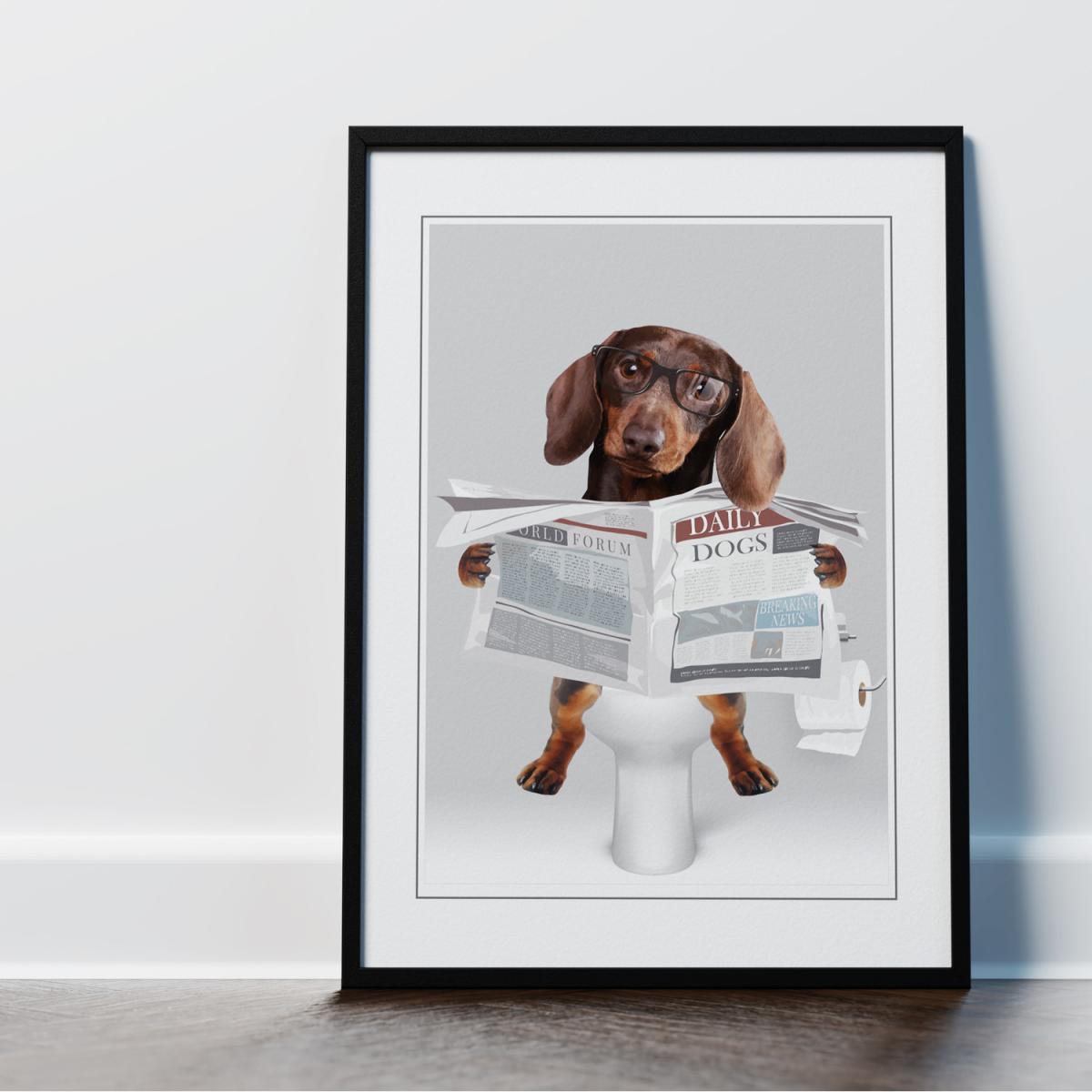 Chocolate Dachshund on the Toilet Framed Wall Art Print - Grey – image 2