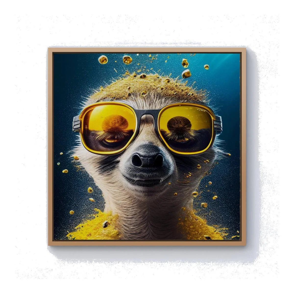 Meerkat With Golden Glasses Splashart Canvas Print - Yellow / Pine Frame / 76.2cm