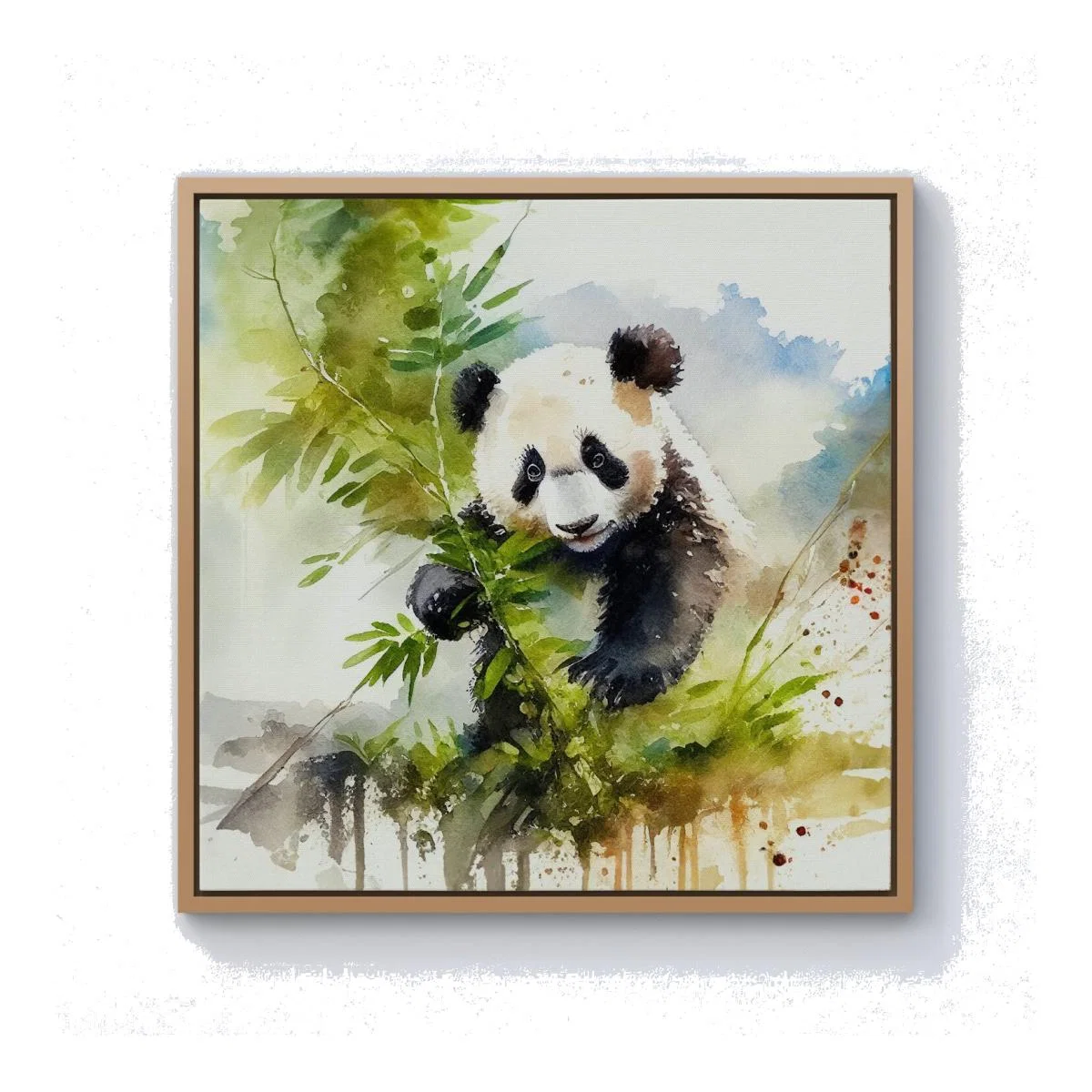 Panda Eating Bamboo Watercolour Canvas Print - Brown / Pine Frame / 40.6cm