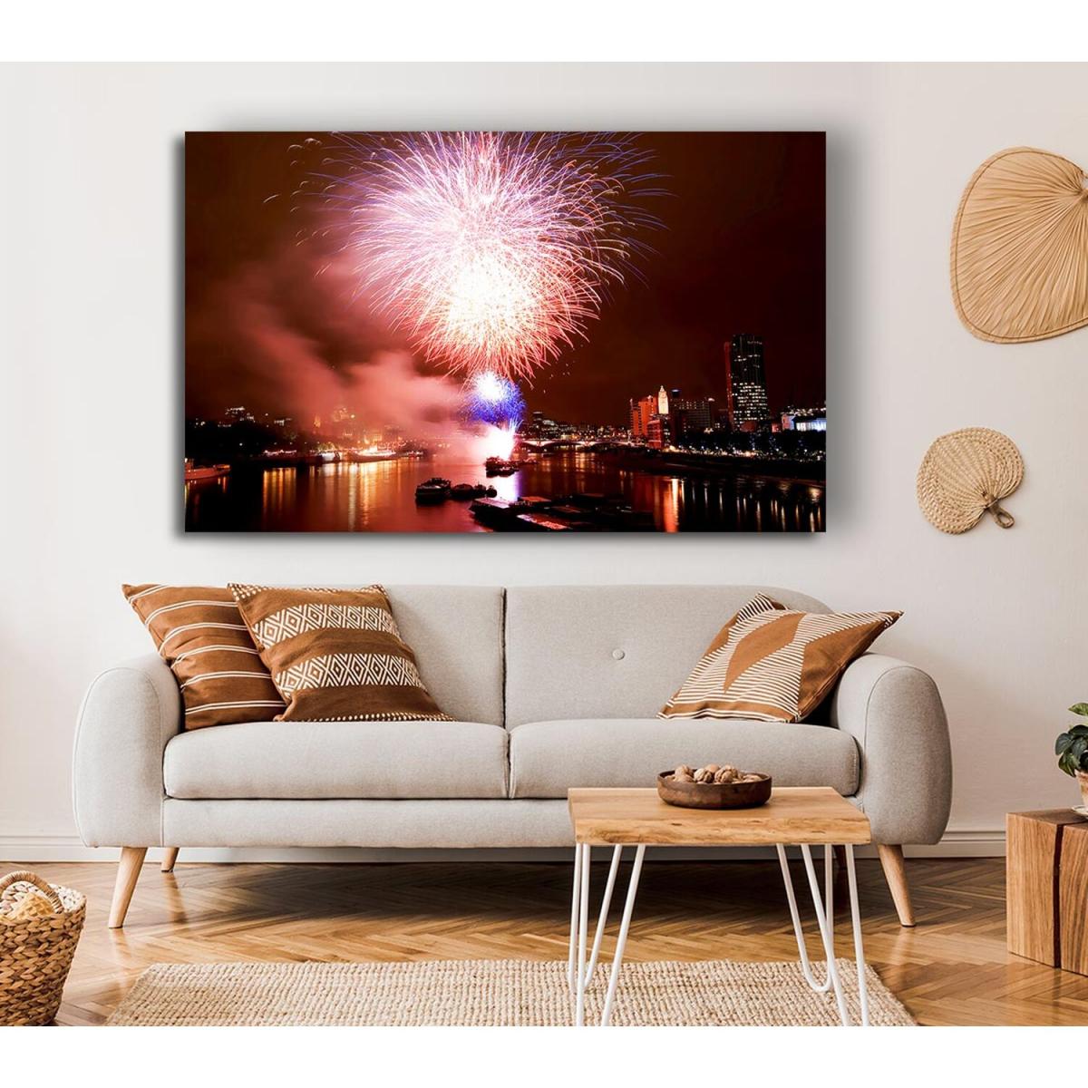 Fireworks On The Thames London Canvas Print Wall Art - Yellow / 81.28cm – image 4