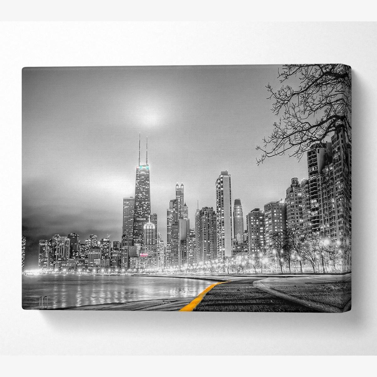 Black n White City Canvas Print Wall Art - Yellow / 81.28cm – image 1