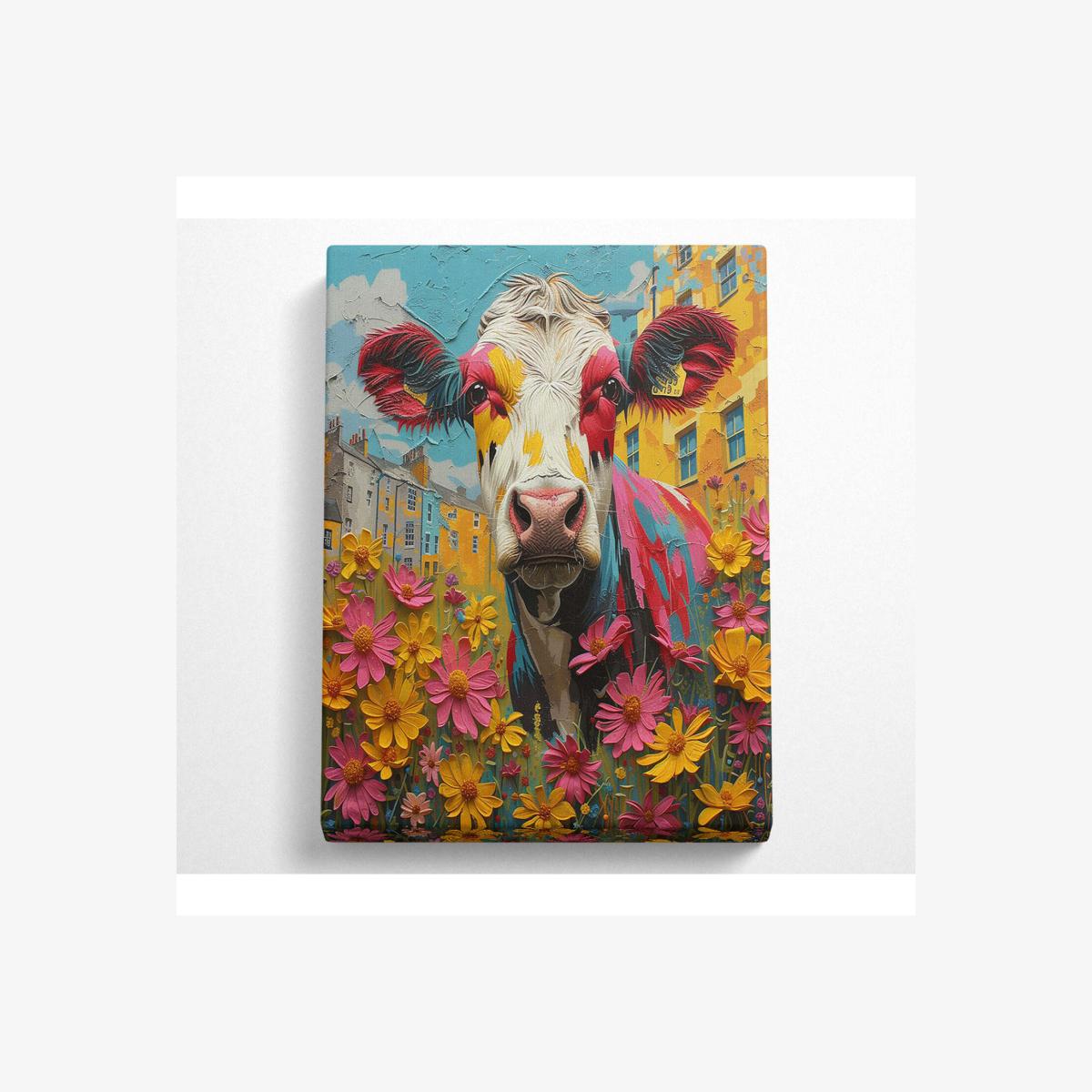 Colourful Cow In The Street Canvas Print - Black / 50.8cm