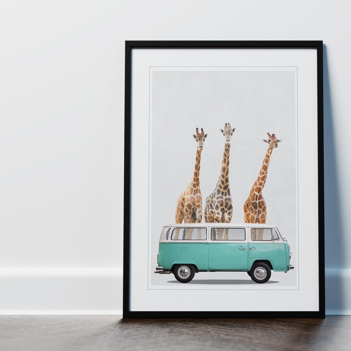 Modern Giraffes in a Camper Van Wall Art Print Framed - Black Frame – image 1