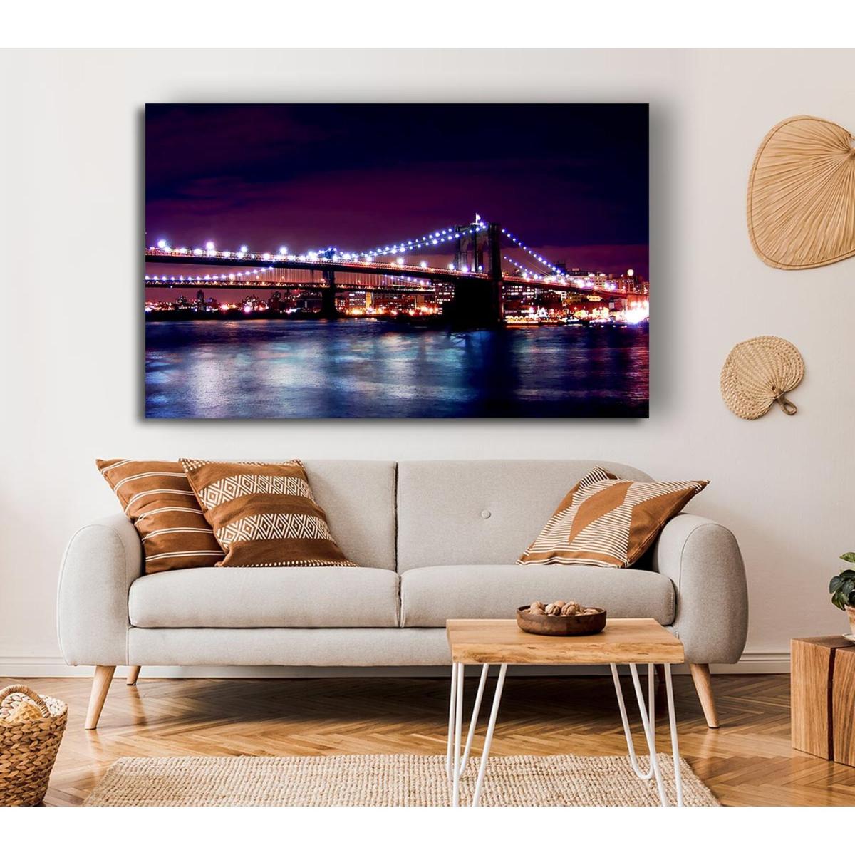 Brooklyn Bridge Lights By The Water Canvas Print Wall Art - Yellow / 35.56cm – image 4