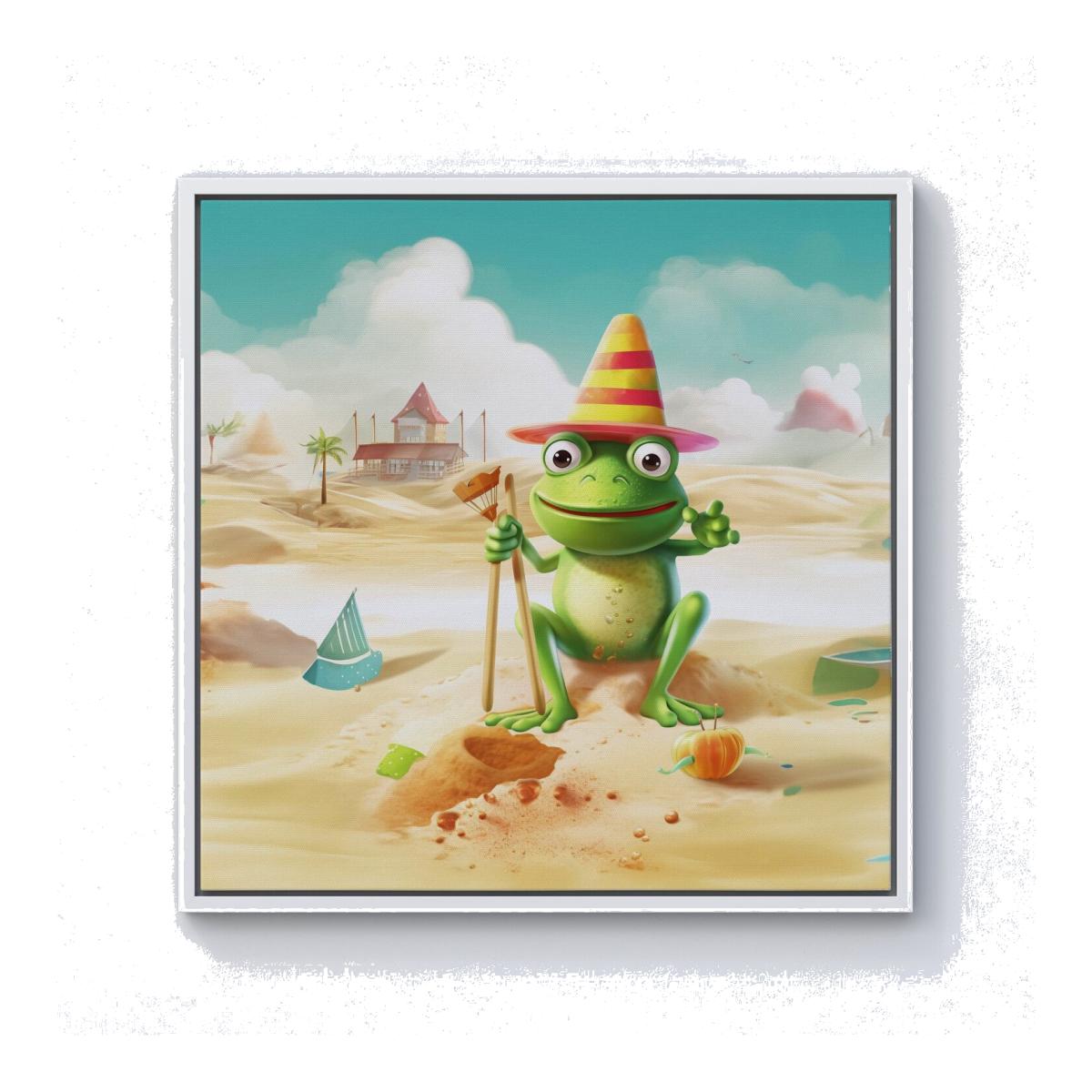 Happy Frog On A Beach Holiday Canvas Print - Yellow / 40.6cm / White Frame