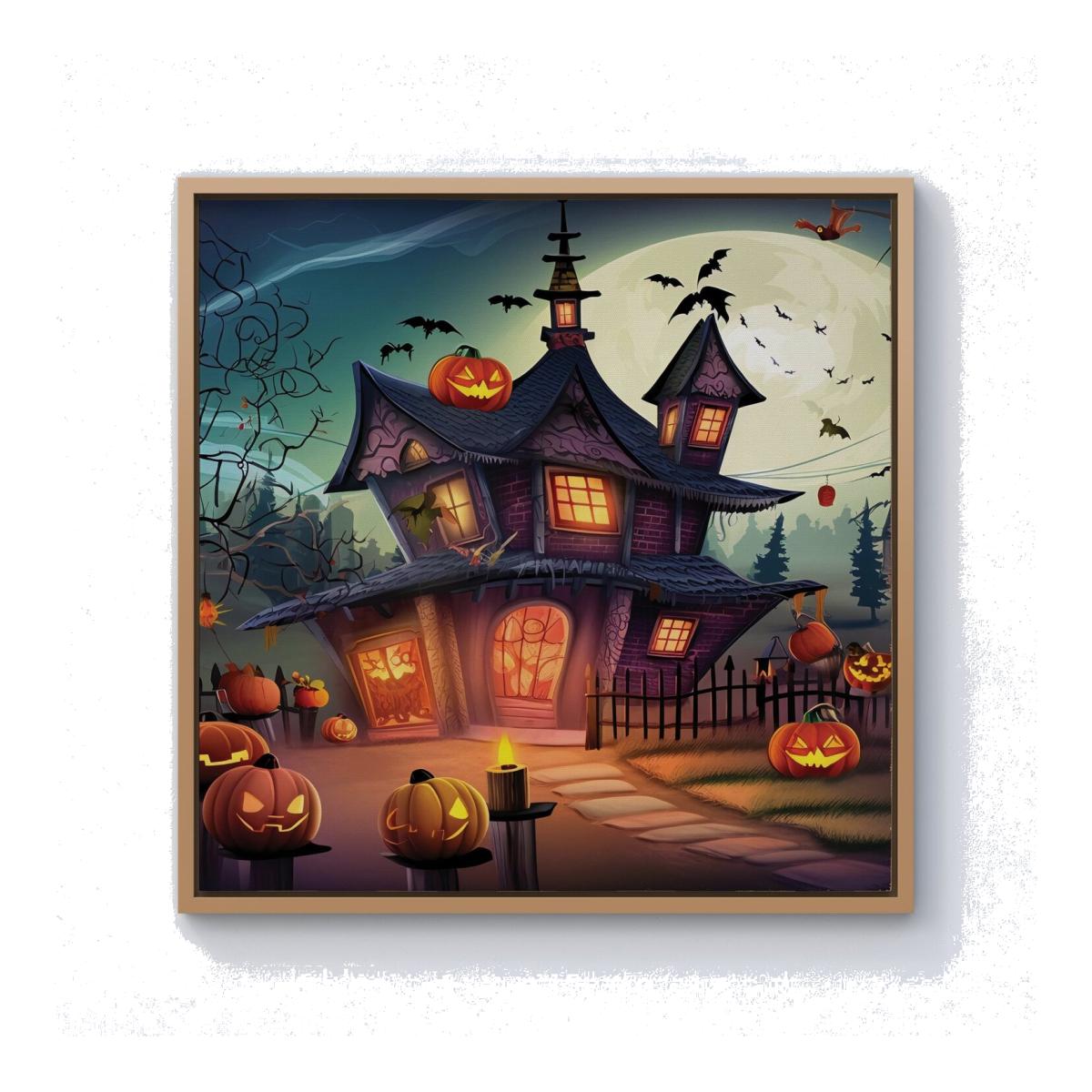 Spooky Halloween House Canvas Print - Orange / 25.4cm / Pine Frame