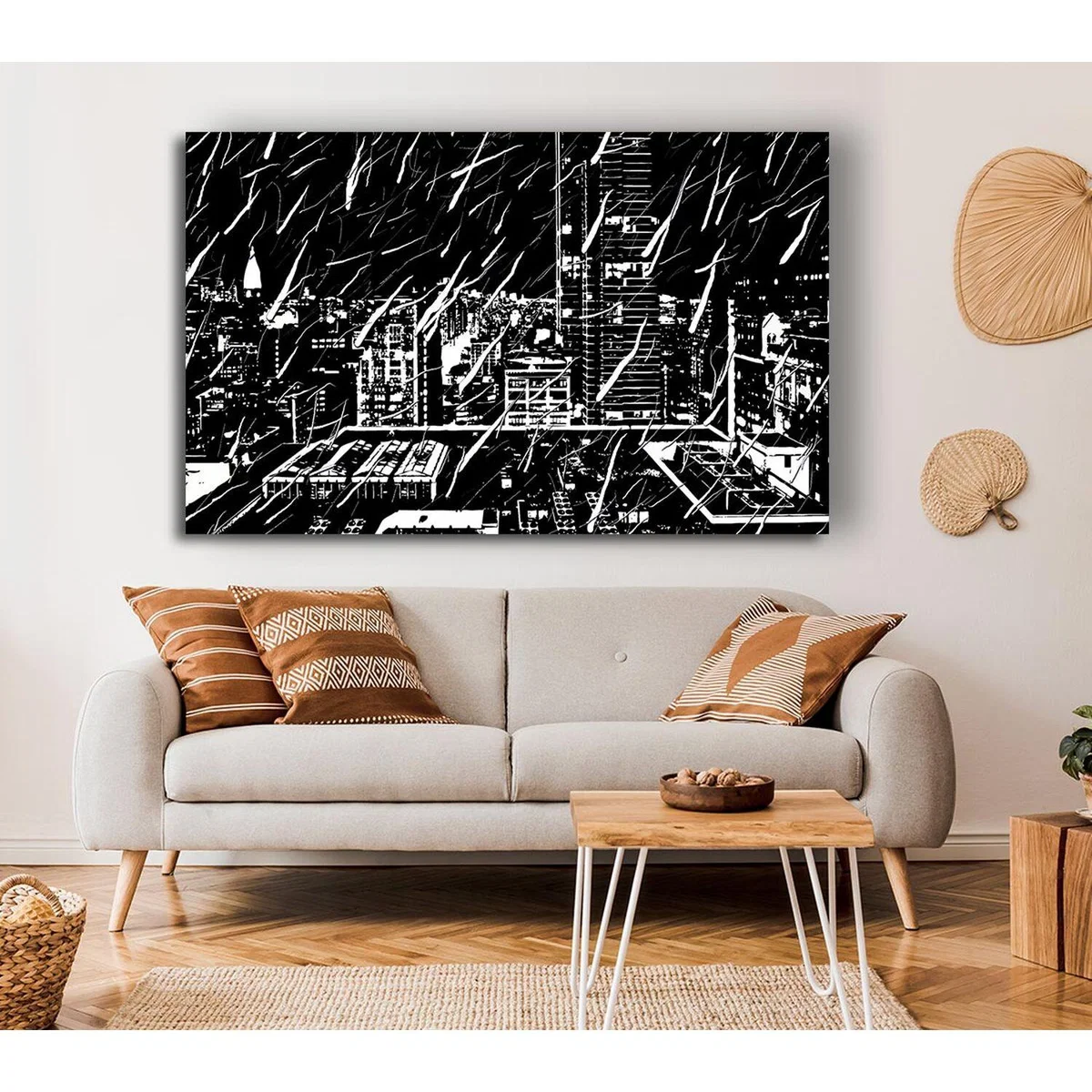 City Illustration B n W Canvas Print Wall Art - Yellow / 101.6cm – image 4