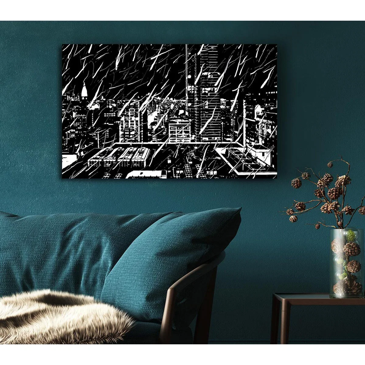 City Illustration B n W Canvas Print Wall Art - Yellow / 101.6cm – image 5