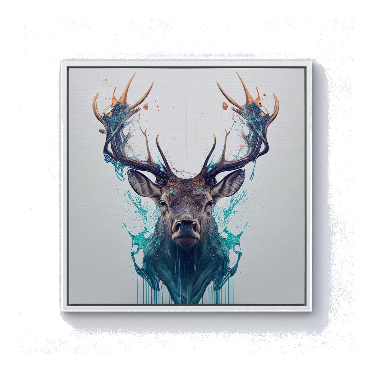 Stag Face Splashart Canvas Print - White / White Frame / 40.6cm