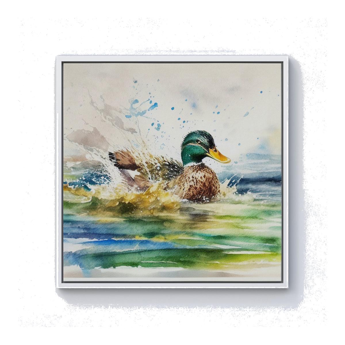 Splashing Mallard Watercolour Canvas Print - Brown / 40.6cm / White Frame