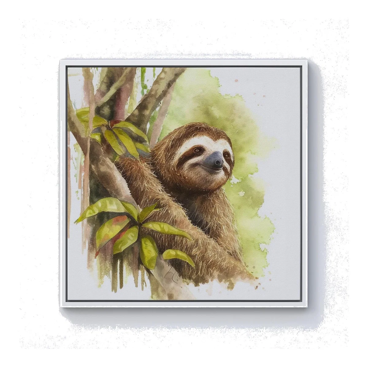 Sloth Watercolour Canvas Print - Brown / 76.2cm / White Frame