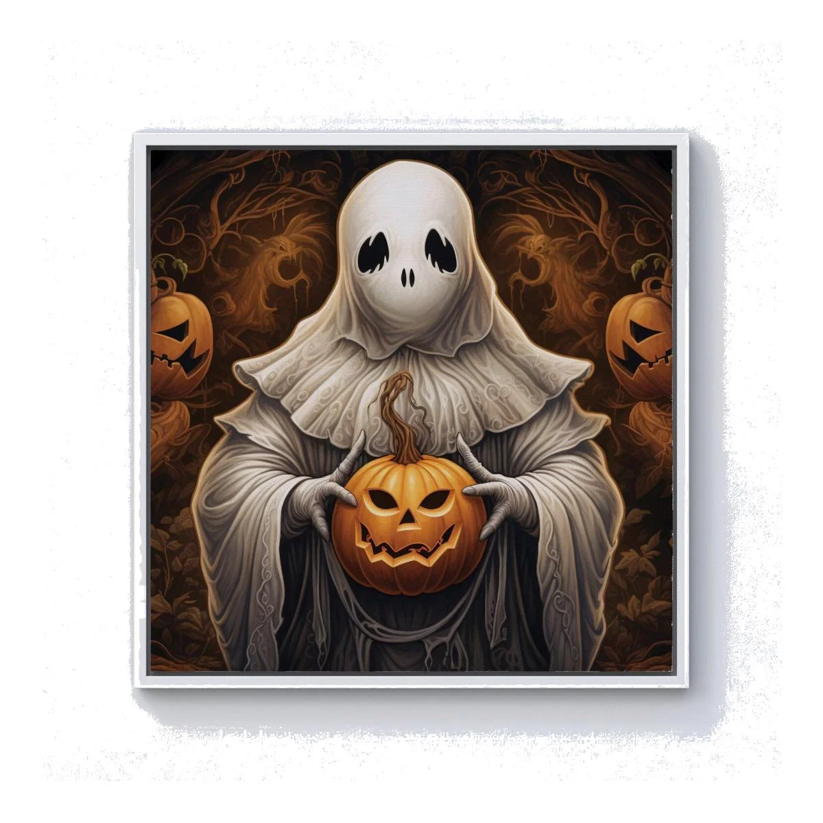 Spooky White Ghost Holding Pumpkin Canvas Print - White / 40.6cm / White Frame