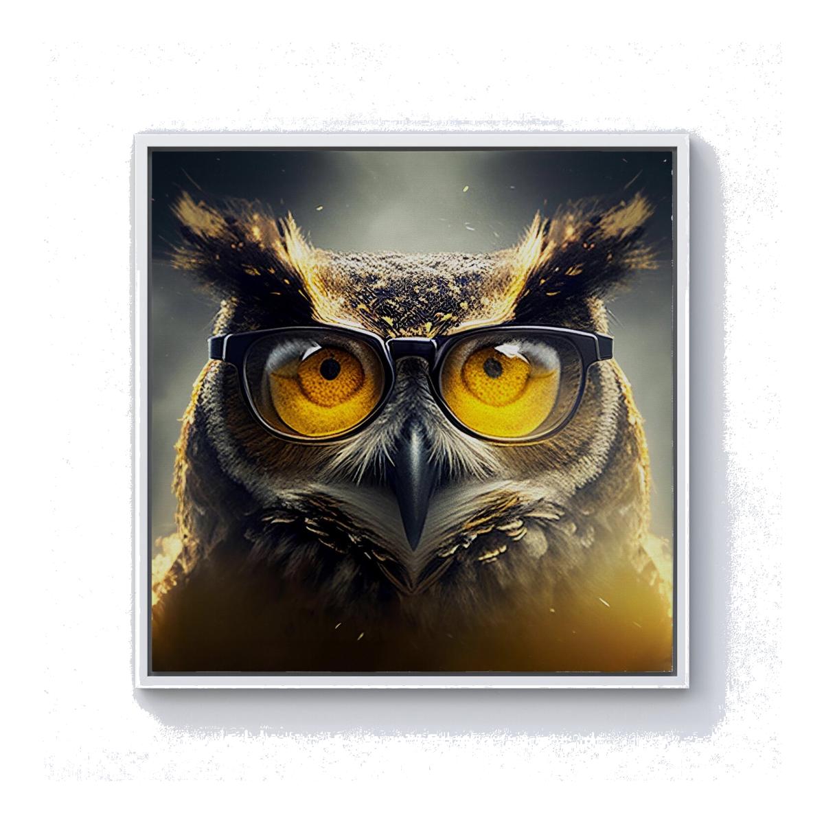 Owl With Glasses Splashart Canvas Print - Yellow / White Frame / 76.2cm