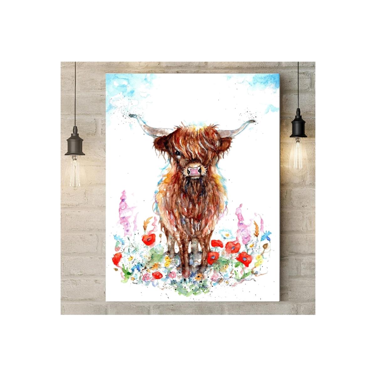 Highland Cow in the Meadow Canvas - Brown / 30cm