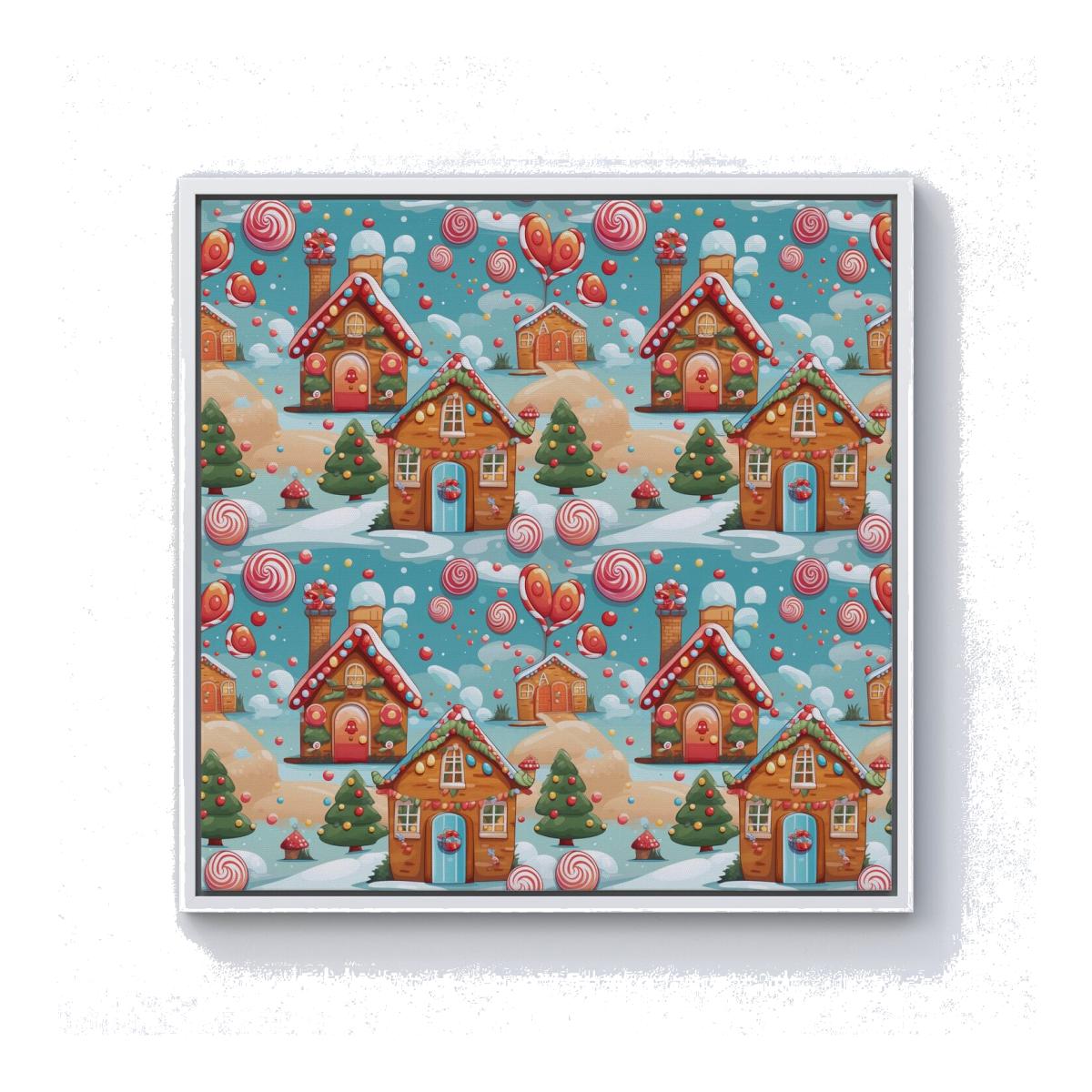 Christmas Gingerbread House Canvas Print - Blue / White Frame / 101.6cm