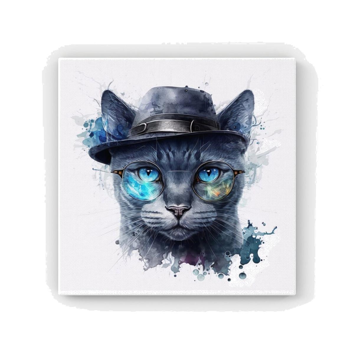 Russian Blue Cat With Glasses Splashart HD Metal Print - Neutral / 56cm