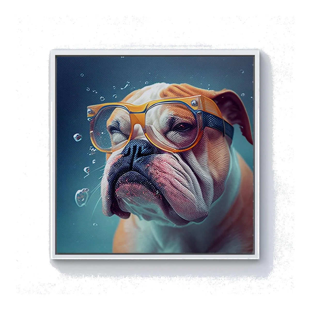Bulldog With Glasses Splashart Canvas Print - Brown / White Frame / 40.6cm