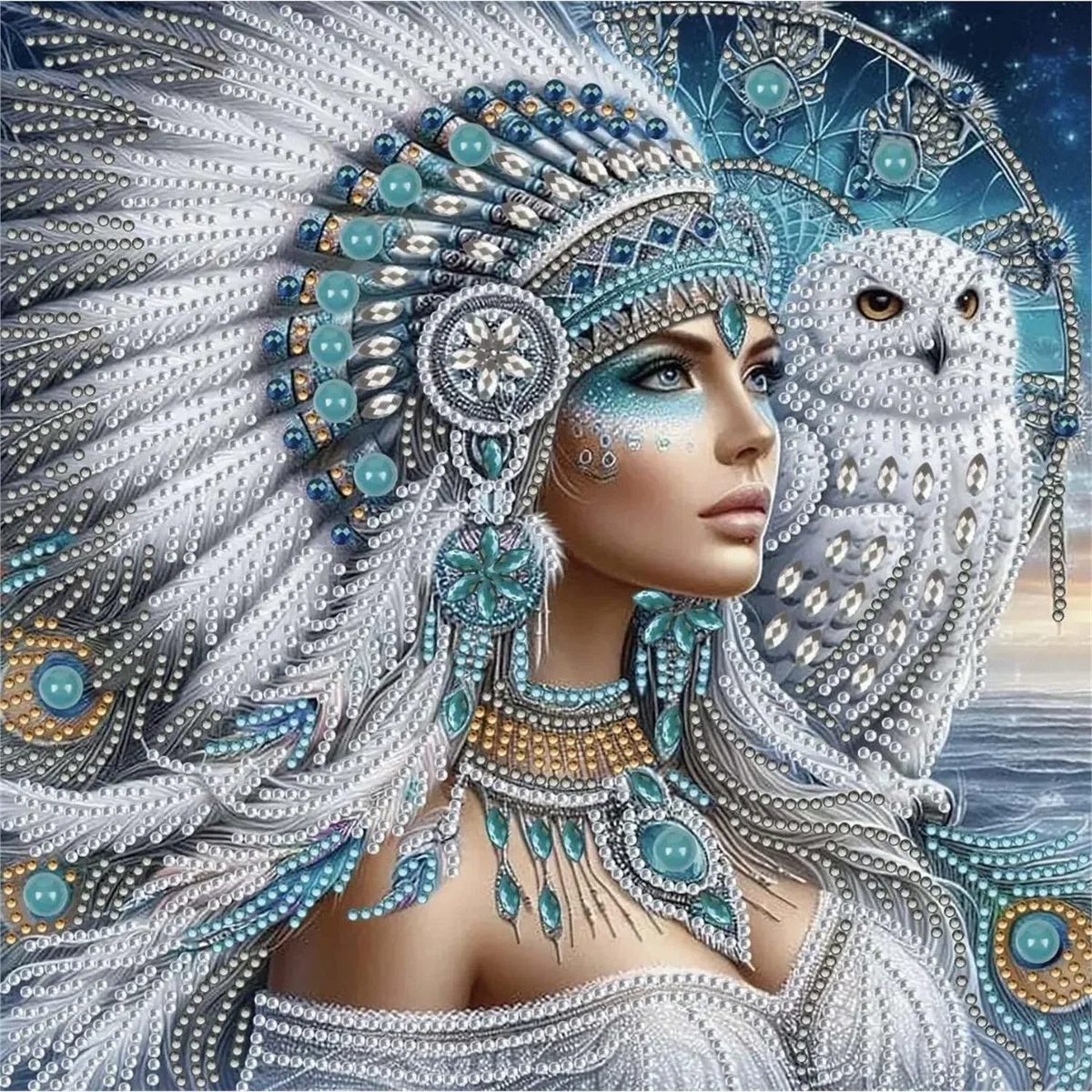 Feather Headress Lady and Owl Diamond Painting Kit - Multi – image 4