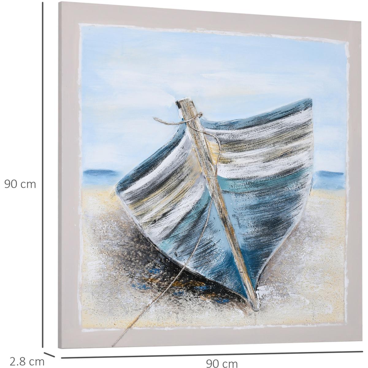 Hand-Painted Canvas Wall Art Blue Boat in the Beach - Blue, Beige, White – image 2