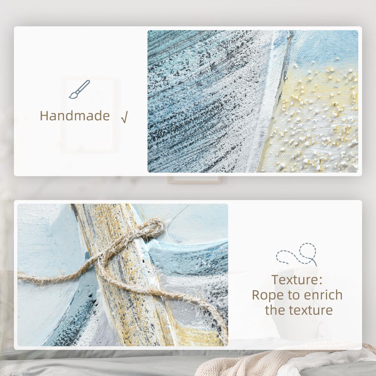 Hand-Painted Canvas Wall Art Blue Boat in the Beach - Blue, Beige, White – image 3