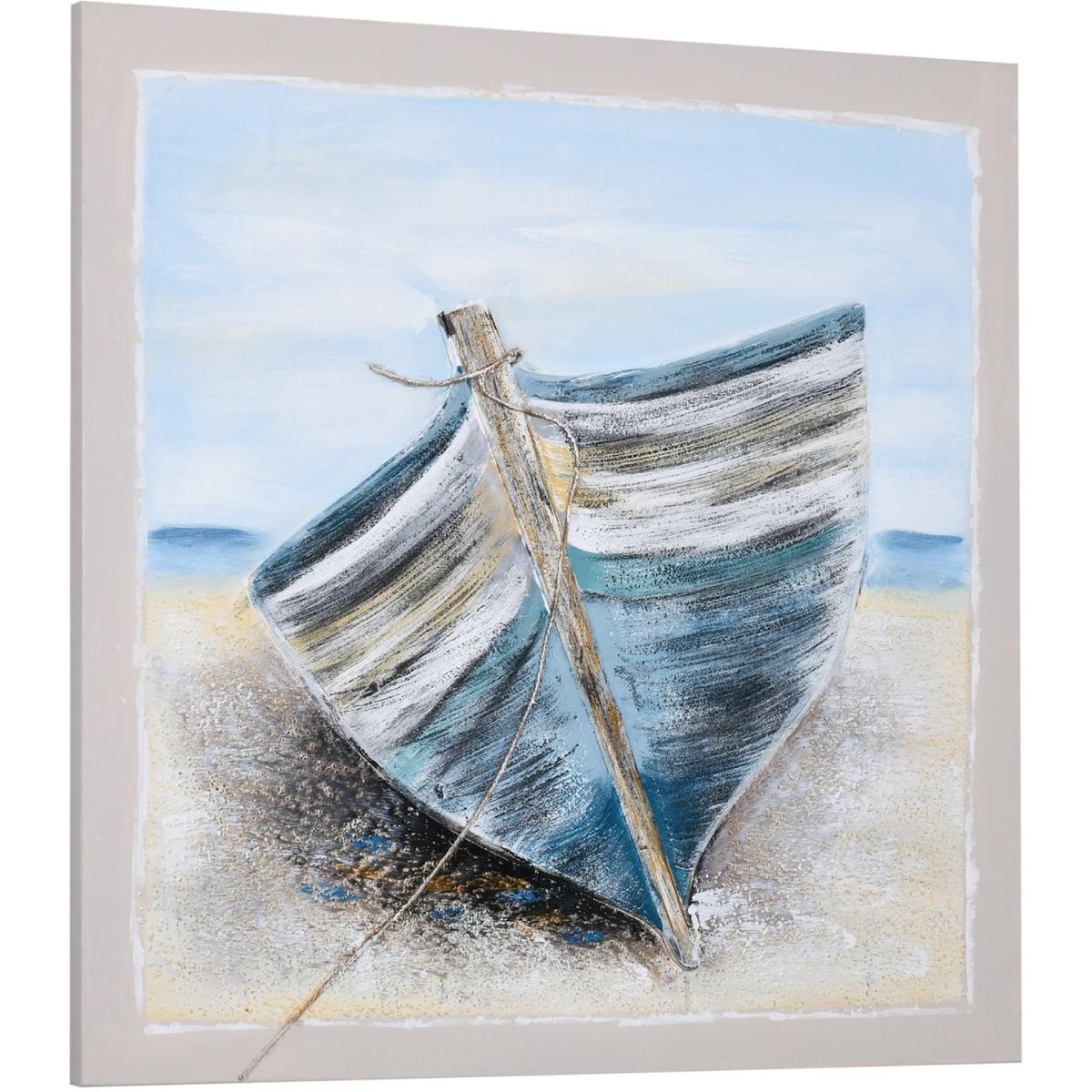 Hand-Painted Canvas Wall Art Blue Boat in the Beach - Blue, Beige, White – image 7