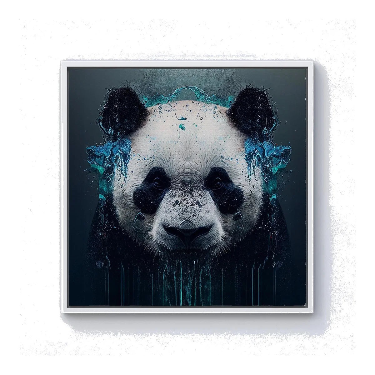 Panda Face Splashart Dark Background Canvas Print - Blue / White Frame / 101.6cm