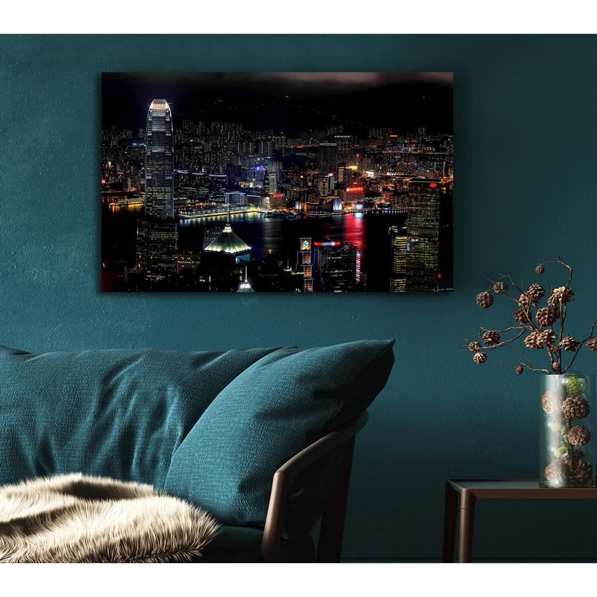 Dark night City Hong Kong Canvas Print Wall Art - Yellow / 50.8cm – image 4