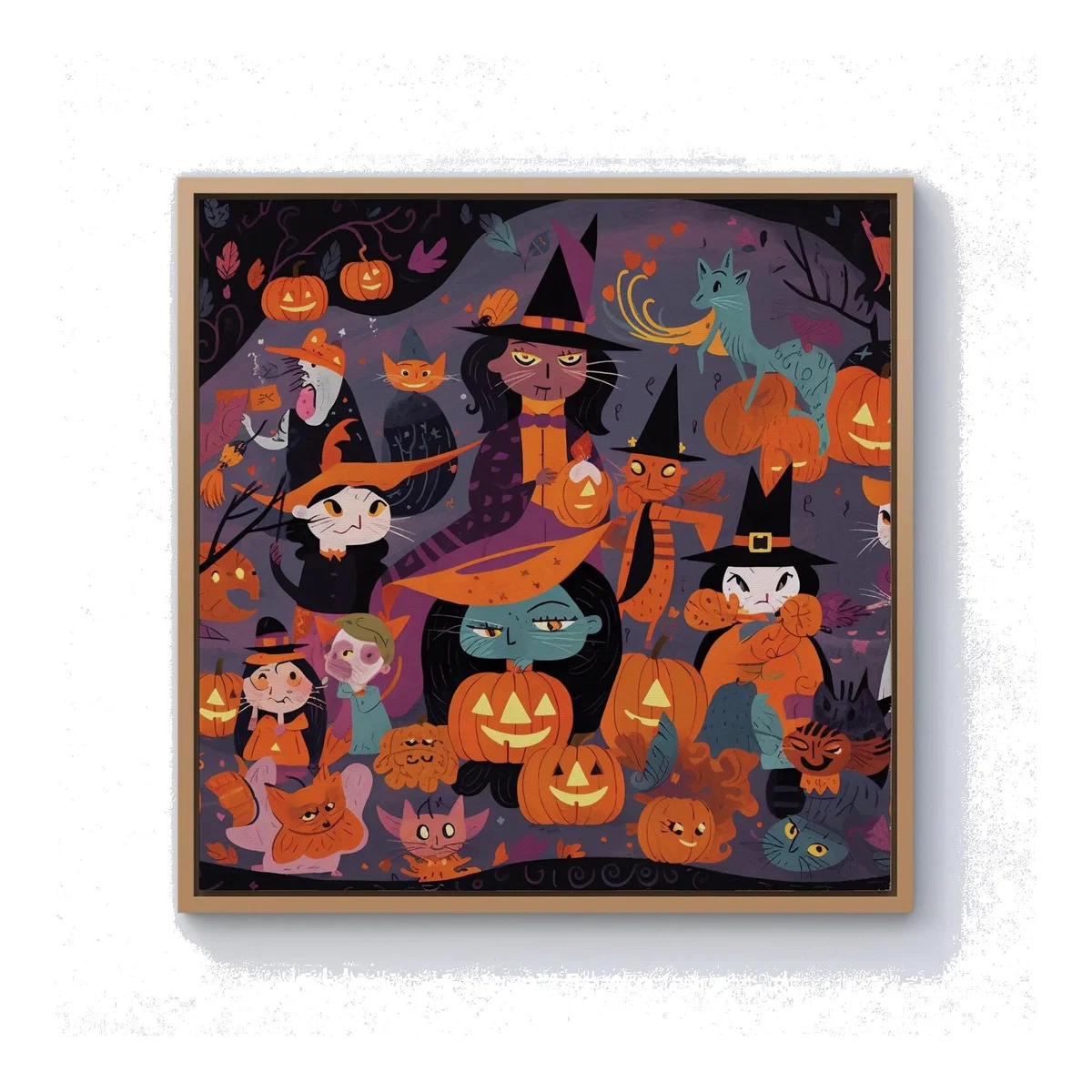 A Vibrant And Colorful Illustration Of Witches And Pumpkin Canvas Print - Orange / 101.6cm / Pine Frame
