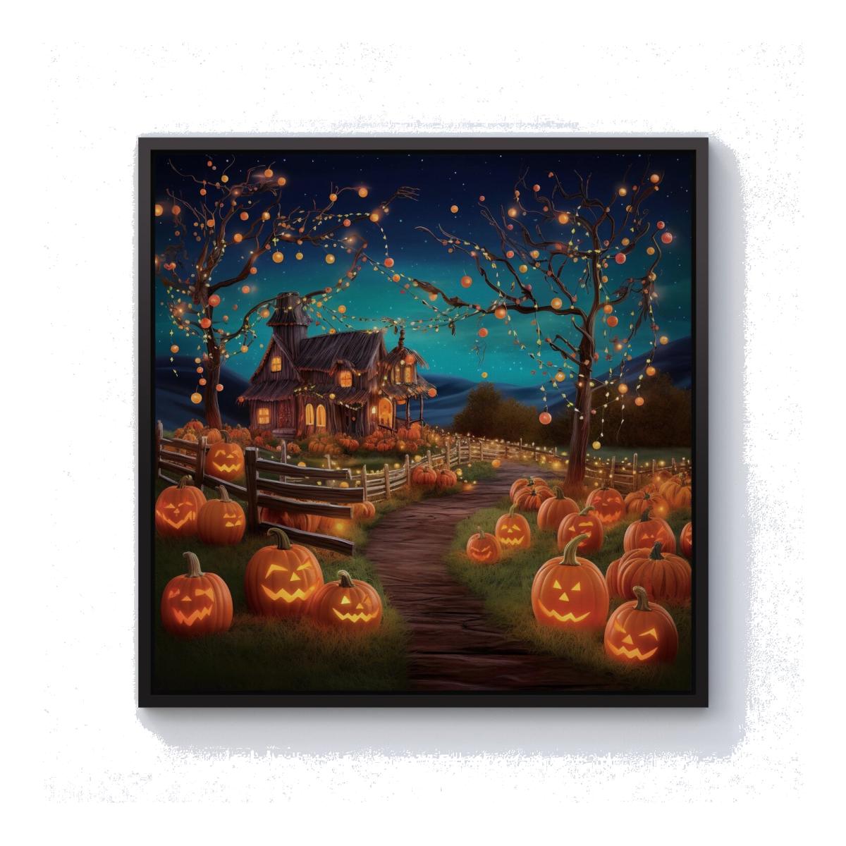 Enchanted Hallowen Pumpkin Patch Canvas Print - Orange / Black Frame / 76.2cm