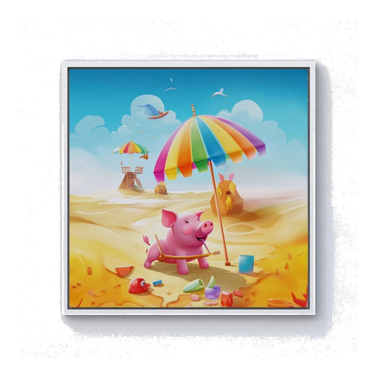 Pig On A Beach Holiday Canvas Print - Yellow / 101.6cm / White Frame