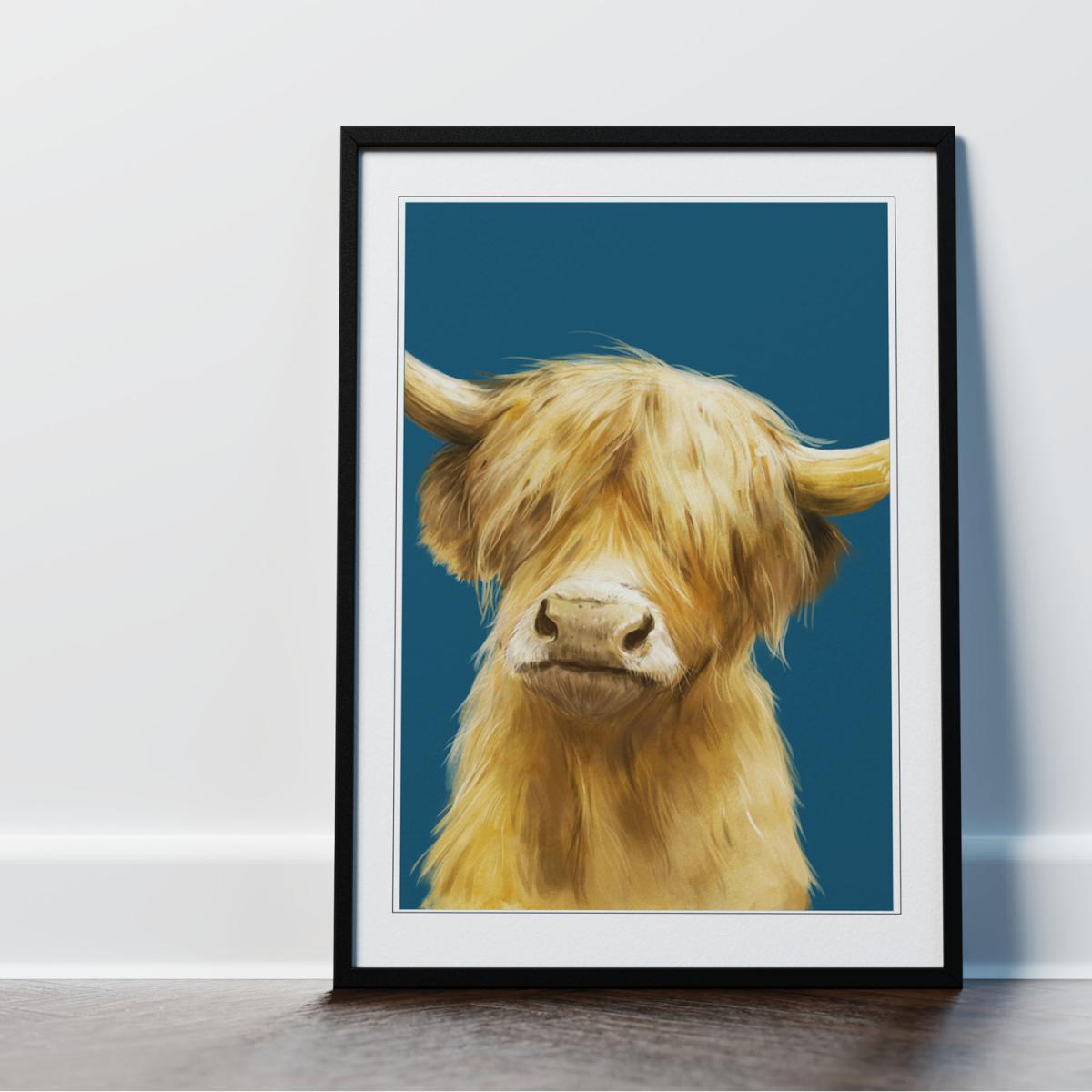 Highland Cow Turquoise Framed Wall Art Print - Black Frame - Turquoise – image 1