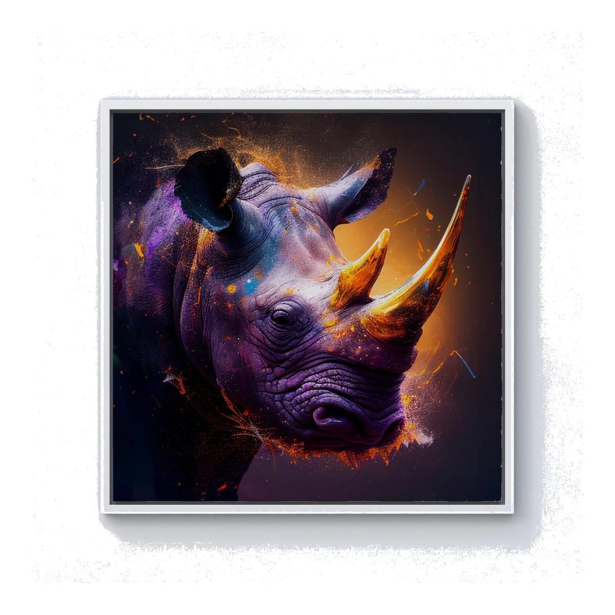 Golden Rhino Face Splashart Canvas Print - Grey / White Frame / 40.6cm