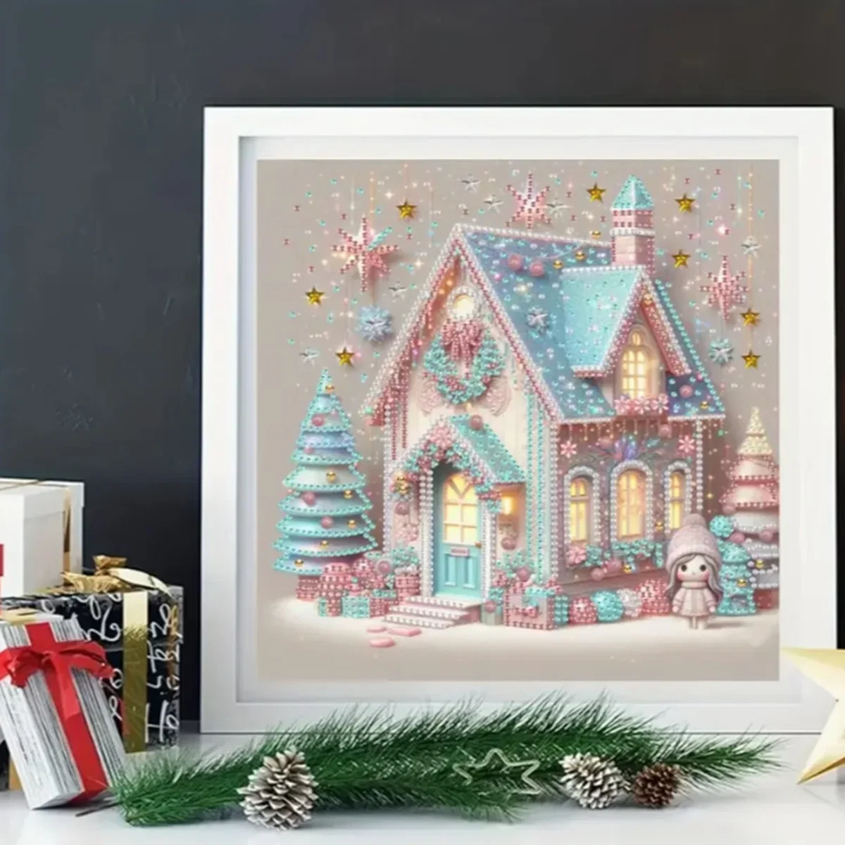 Pastel Coloured Christmas Cottage Diamond Painting Kit - Multi – image 11