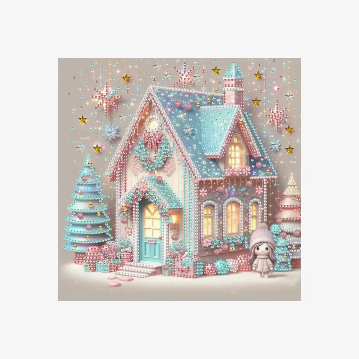 Pastel Coloured Christmas Cottage Diamond Painting Kit - Multi – image 1