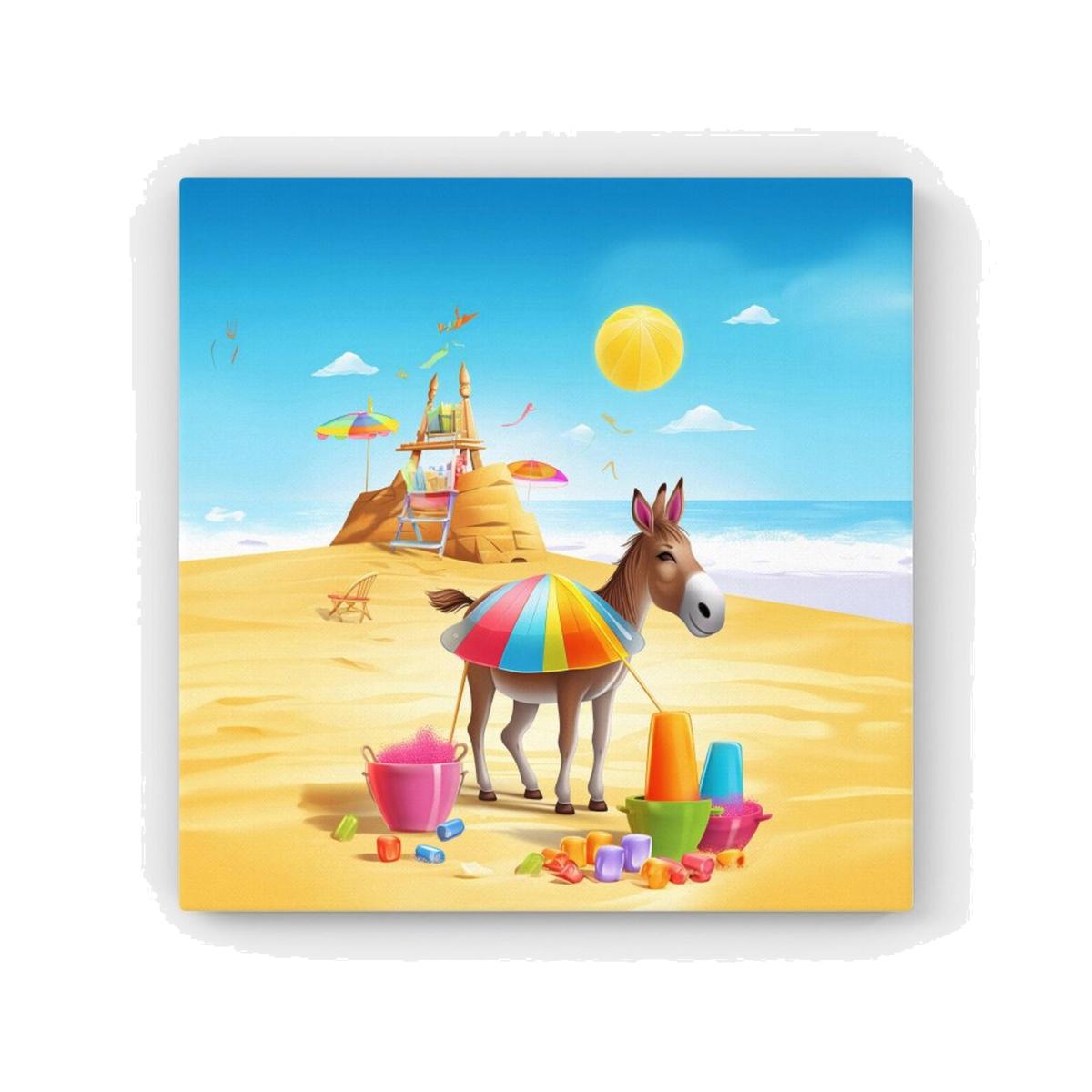 Donkey On A Beach Holiday Canvas Print - Yellow / 76.2cm